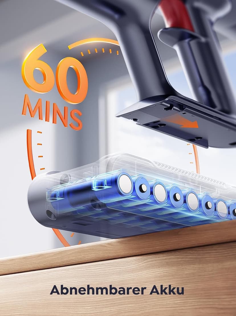 Cordless Vacuum Cleaner 45000Pa/550W/60 Min, Cordless Vacuum Cleaner with Storage Function, Wall Bracket with Integrated Charging Station, Super Quiet Battery Vacuum Cleaner for Hard Floors