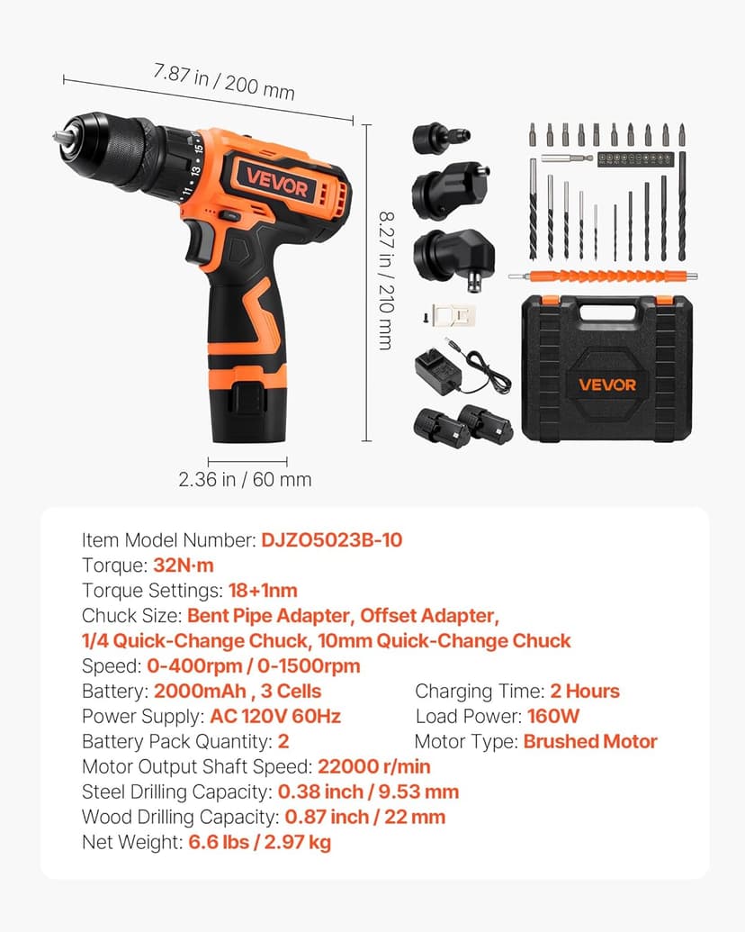 VEVOR Cordless Drill Driver, 5-In-1, Metal Chuck, Dual-Speed Variable, Drill Driver Kit with 2 Lithium Batteries and Charger, Tool Box, for Wood and Metal Drilling, Screw Tightening or Loosening