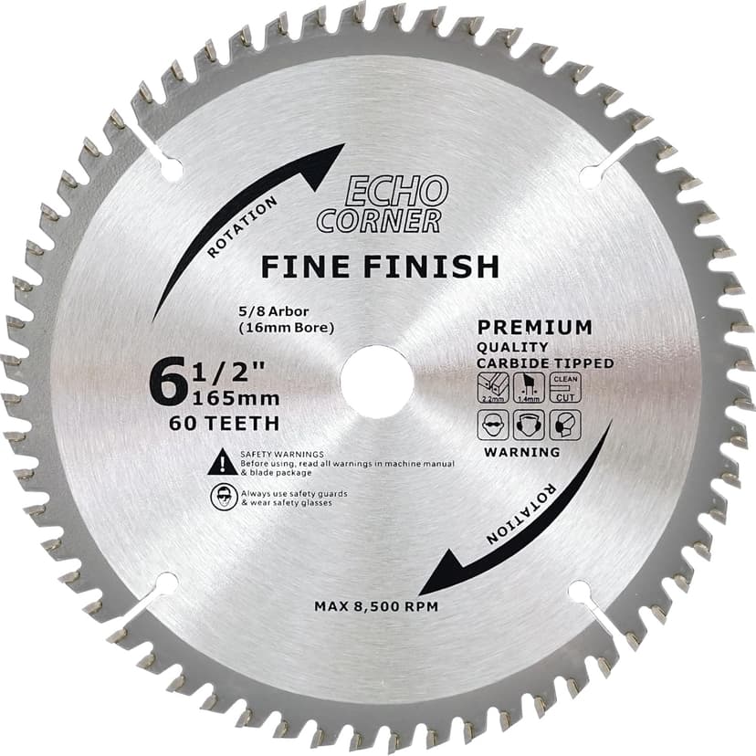 6-1/2 Inch Fine Finish Wood Cutting Circular Saw Blade, Fine Cut Crosscut Framing Plywood MDF Plastic Veneer Lumber Laminate, 5/8 Inch Arbor (60-Tooth)