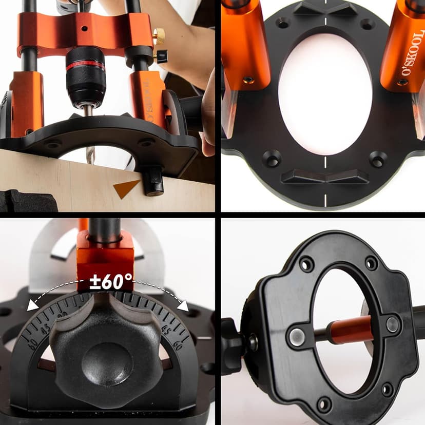 O'SKOOL Multi-Angle Drill Guide for Cordless Drills, Adjustable from 0° to 60° for Flat and Round Workpieces