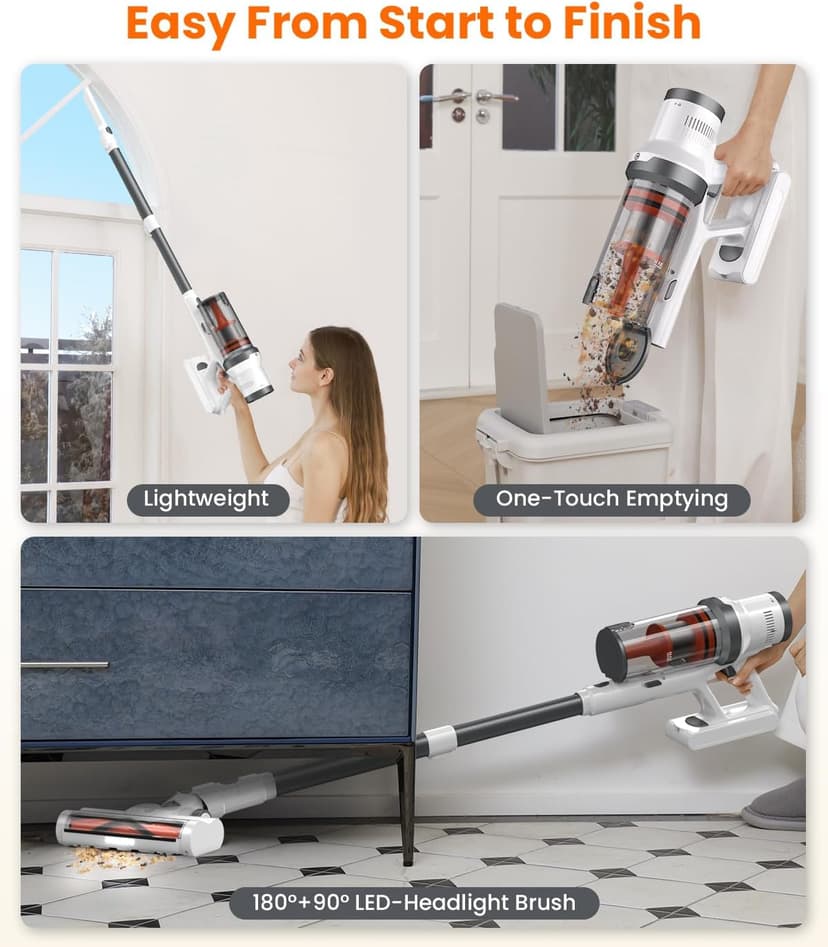 Cordless Vacuum Cleaner, 550W/45Kpa Vacuum Cleaners for Home, Max 60Mins Runtime, Anti-Tangled & 1.6L Dust Cup Stick Vacuum, Lightweight Vacuum for Carpet, Hard Floor(Upgraded)