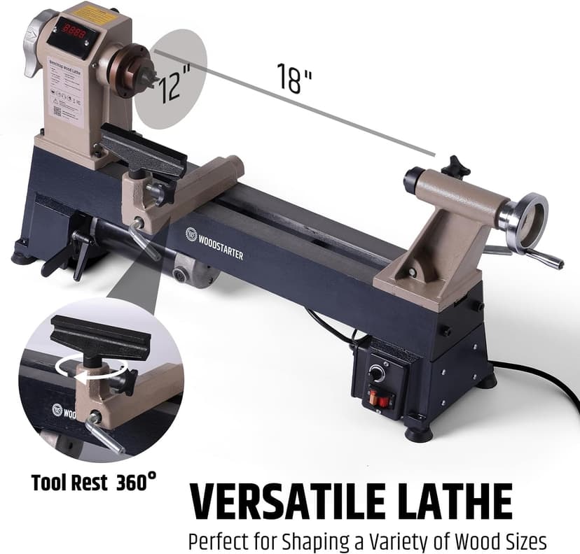 12" x 18" Wood Turning Lathe, 1 HP Benchtop Woodworking Lathe with Variable Speed 650-3800 RPM, Dual-Function Design with Extension Ports for Belt Sander or Grinding Wheel or Rotary Kit