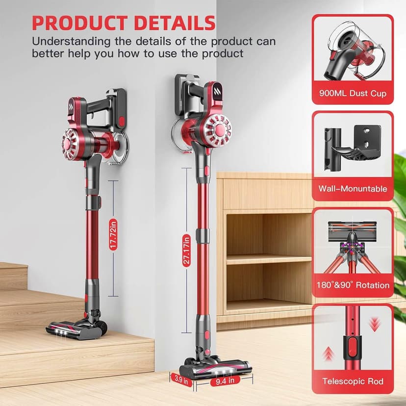 Cordless Vacuum Cleaner,Vacuum Cleaners for Home with Super Suction,Lightweight Stick Vacuum with 35 Mins Runtime,Rechargeable Cordless Vacuum for Carpet, Tile, Pet Hair, Hardwood Floors(Dark Red)
