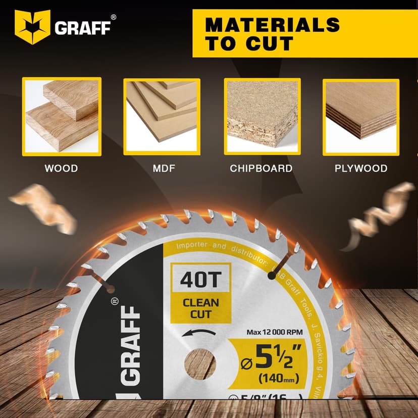 5-1/2" Wood Cutting Circular Saw Blade - Chop Saw Blade for Plywood, MDF, Drywall & Plastic 40T TCT Blade for Circular Table Miter & Cordless Saws 5/8-Inch Arbor Burr-Free No Heat No Sparks GRAFF