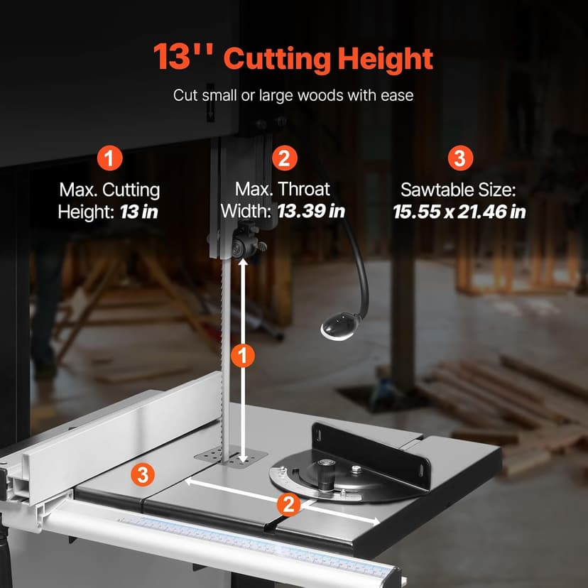 VEVOR Band Saw, 13.39-Inch, Benchtop Bandsaw with Stand, 440-846 RPM Continuously Viable Speed, 1100W 1-1/2HP, 110V, Optimized Work Light, and Miter Gauge, for Woodworking Aluminum Wood Metal Copper