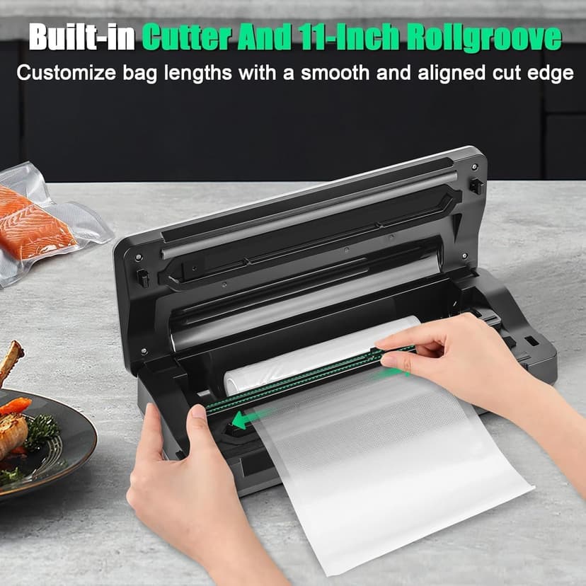Vacuum Sealer Machine, 90kPa 120W Powerful Food Sealer Build-in Cutter and Bag Storage, Digital Countdown Display, Dry&Moist Mode, Wide Seal, 2 Bag Rolls & 5 Pre-Cut Bags for Food Saver (Silver)