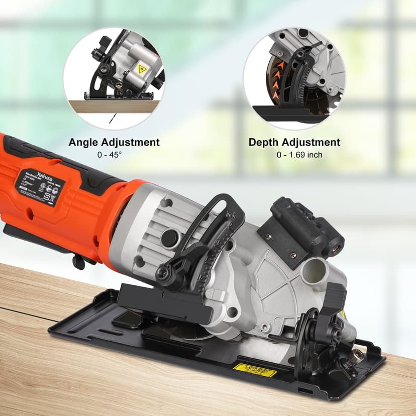 4Amp 3500RPM Mini Circular Saw with Laser Guide, Vacuum Adapter, Blade Wrench and Rip Guide, Max. Cutting Depth1-5/8"(90°), 1-1/10"(45°）Compact Saw with 2 pcs 4-1/2" 24T TCT Blades