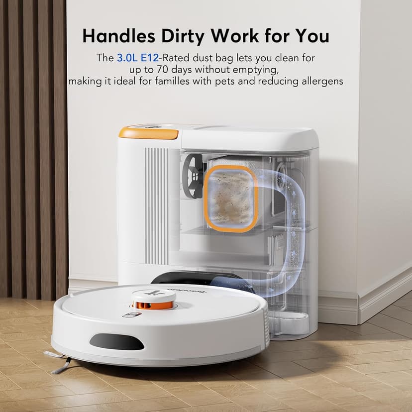 D20S Max+ Robot Vacuum and Mop, Specifically Handling Pet Hair Design, 6000Pa Max Suction, with Self-Empty Dock, 10 Weeks Hands-Free Cleaning, PreciSense LiDAR Navigation, App & Voice Control