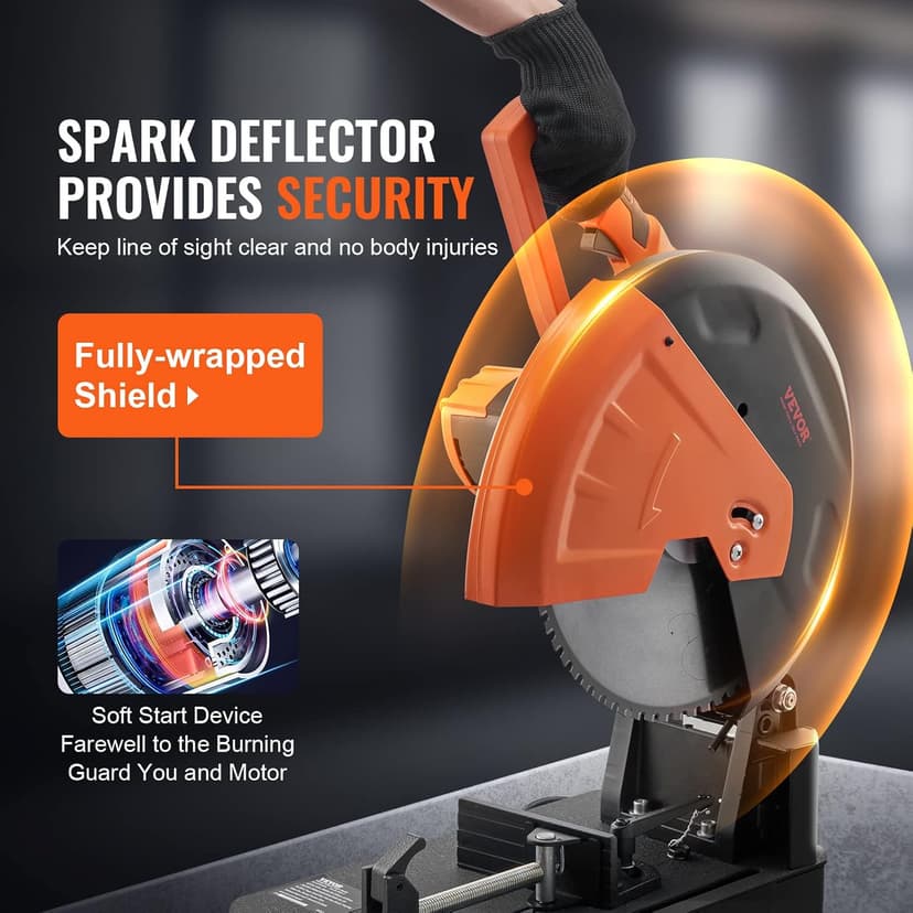 VEVOR Chop Saw, 14''/355mm Blade Diameter Cut Off Saw, 2800W 1200RPM Steel Cutting Machine, 0-45° Adjustable Dry Cut Chop Saw, Miter Saw for Cold Cut Saw for Steel/Iron/Aluminum, Black