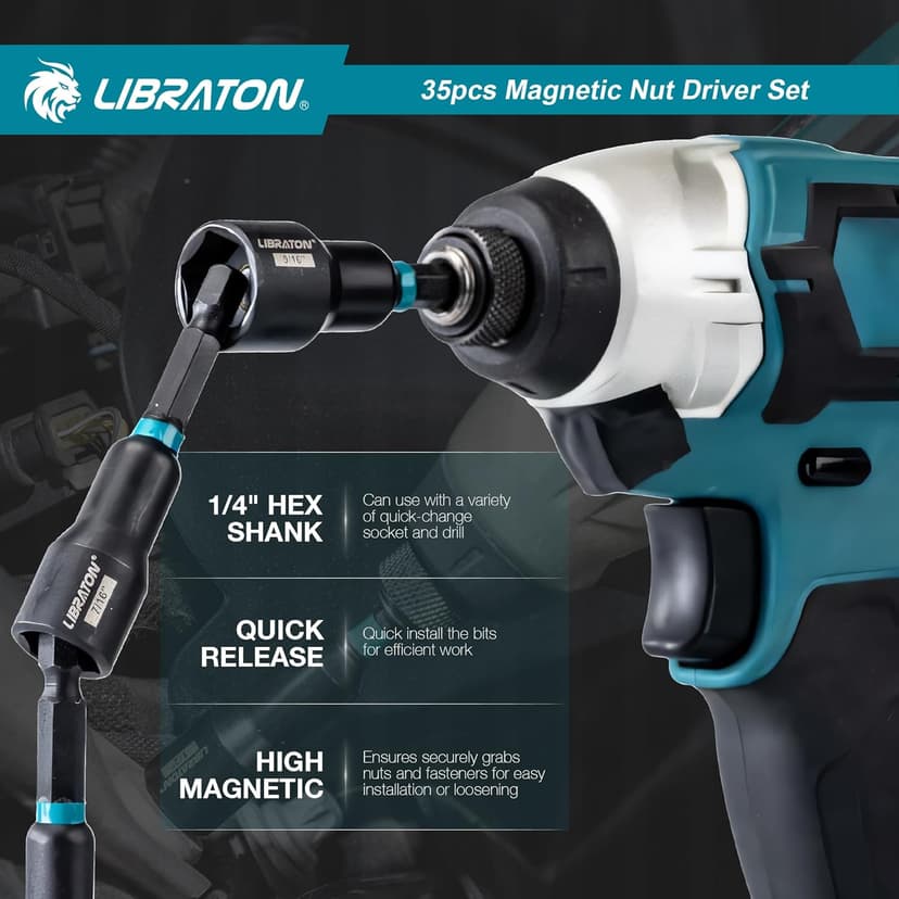 LIBRATON Magnetic Nut Driver Set, 35PCs Impact Driver Bit Set, Deep Nut Driver Set, Metric & SAE Nut Driver for Impact Drill, Wing Nut Driver, Quick-release Bit Holder, Drill Bit PH1 PH2, with Toolbox