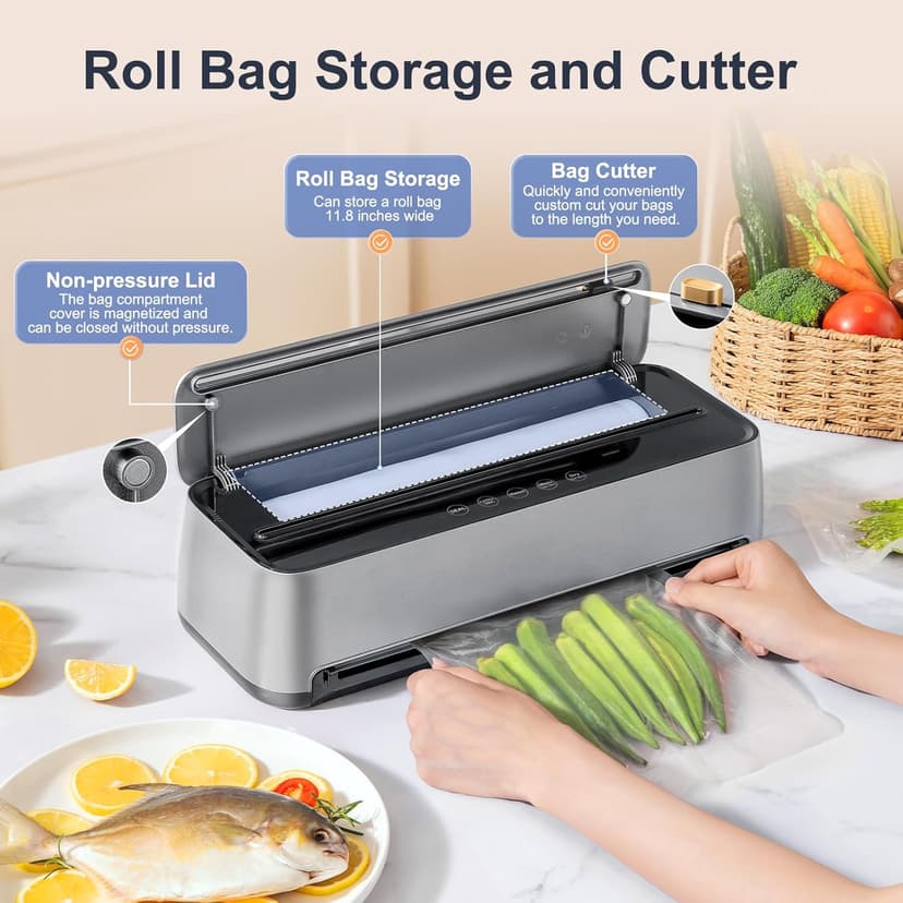 85Kpa Vacuum Sealer Machine for Food, 8-IN-1 Fully Automatic Food Sealer with Built-in Cutter & Bag Storage, Dry/Moist/EXT-VAC Modes, LED Touch Control, Includes 12 Vacuum Bags & 1 Roll Bag
