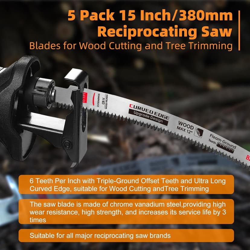 Sawzall Blades for Cutting Trees, 5 Pack 15 Inch 6 Tpi Japanese Teeth Reciprocating Saw Blades, Cr-V Wood Cutting and Tree Trimming Blades with Curved Edge and Fleam-Ground Teeth
