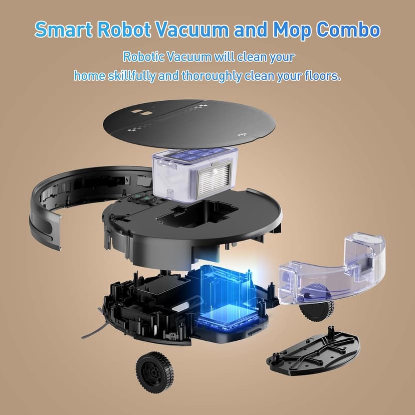 Robot Vacuum and Mop Combo, 2-in-1 Mopping Robot Vacuum Cleaner with 2300Pa Suction, 2.87'' Slim Design, Wi-Fi/App/Voice Control, 3D Obstacle Avoidance&Self-Charging for Hard Floors, Carpets, Pet Hair
