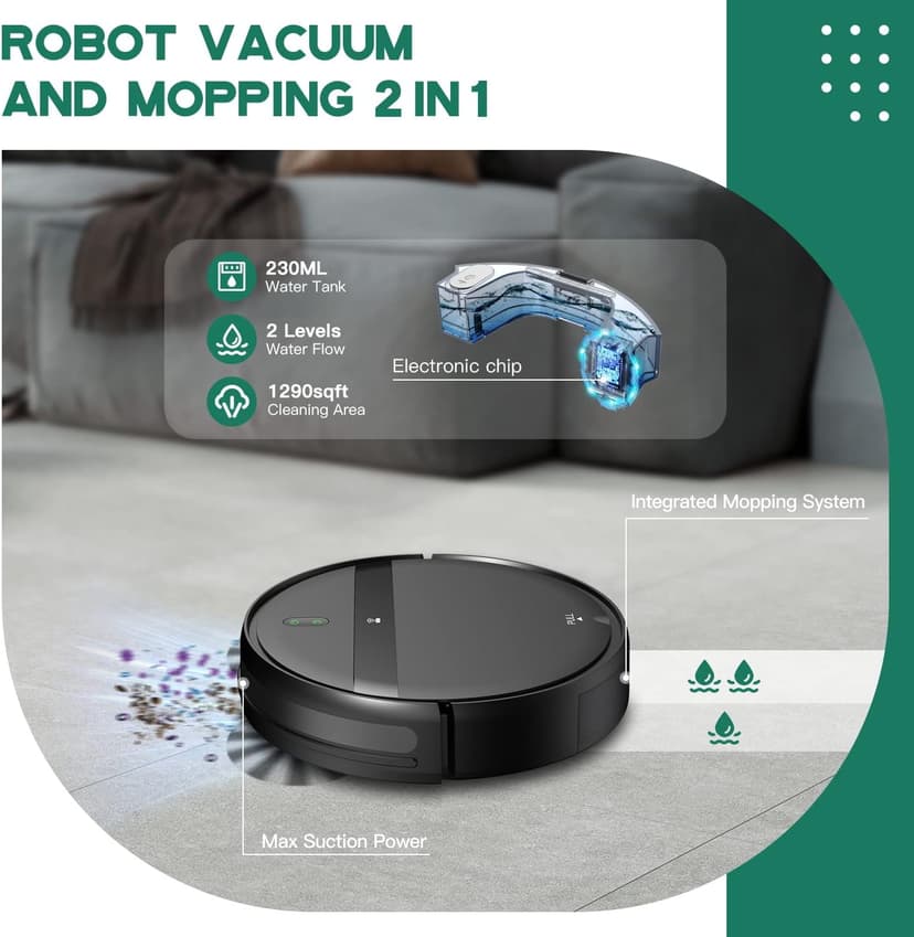 Robot Vacuum and Mop Combo - WiFi/Alexa/App, Robotic Vacuum Cleaner, Ultra-Slim & Quiet, Tangle-Free, Auto Recharge, Multi-Surface Cleaning, Cleans Carpets, Hard Floors & Pet Hair Efficiently