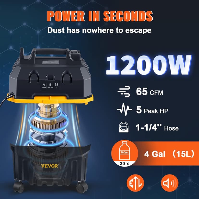 VEVOR Wet Dry Vac, 4 Gallon, 5 Peak HP, 3 in 1 Shop Vacuum with Blowing Function Portable Attachments to Clean Floor, Upholstery, Gap, Car, ETL Listed, Black/Yellow
