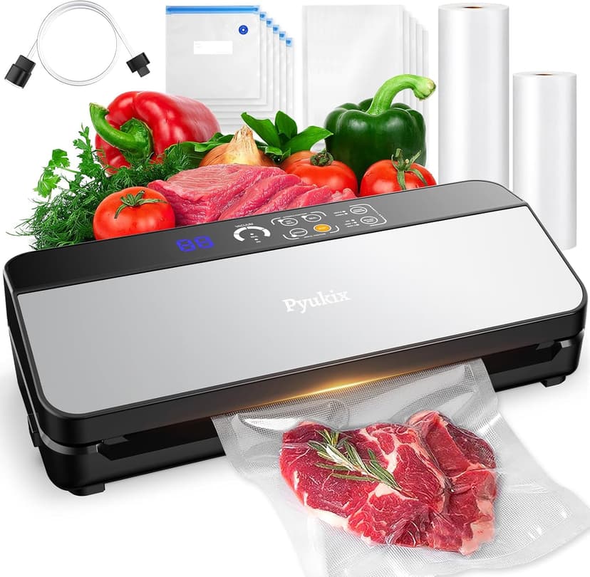 Vacuum Sealer Machine, Food Sealer Machine 80KPA Automatic 8-IN-1 for Food Saving Dry/Moist Mode with Build-in Cutter&Storage, Digital Countdown, Air Suction Hose, 2 Roll-Bags, 11 Vacuum Bags
