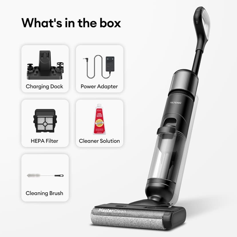 Ultenic Wet Dry Vacuum Cleaner,Cordless Vacuum Mop Combo with Self-Cleaning,Smart Mess Detection,50mins Runtime,3-in-1 Vacuum Mop for Hard Floors,Edge Cleaning,LED Display,Black,AC1 Elite
