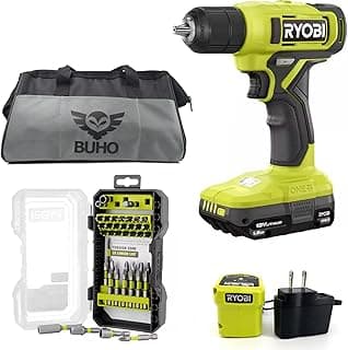 Cordless Drill Set Bundle with Ryobi 18V ONE+ Drill Driver, 3/8 Inch Chuck, 40 Piece Bit Set, 1.5 Ah 18-Volt Lithium-ion Battery, 18-Volt Charger and Buho 16 Inch Tool Bag