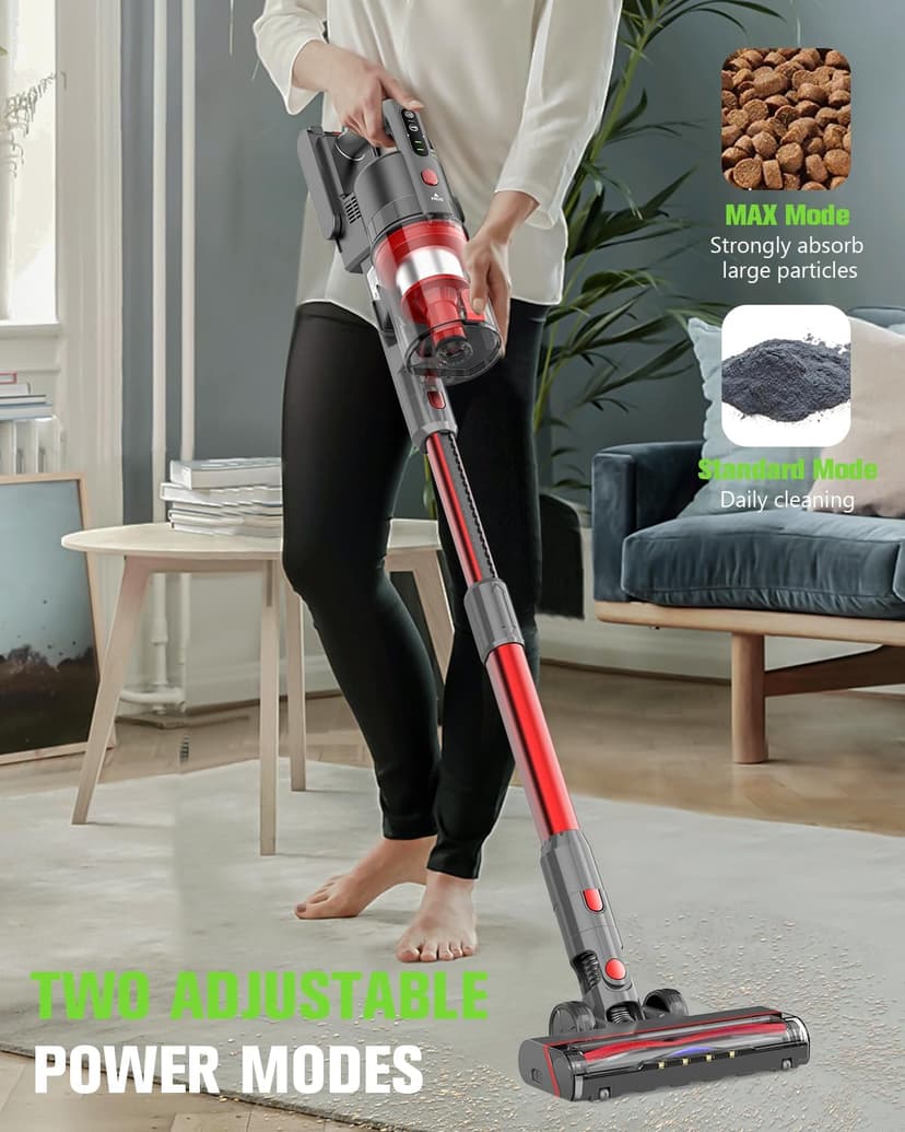 Cordless Vacuum Cleaner, 85,000PRM Upgraded Dual Suction Cordless Stick Vacuum up to 35mins Runtime, Lightweight Rechargeable Vacuum for Home (Bright Red)
