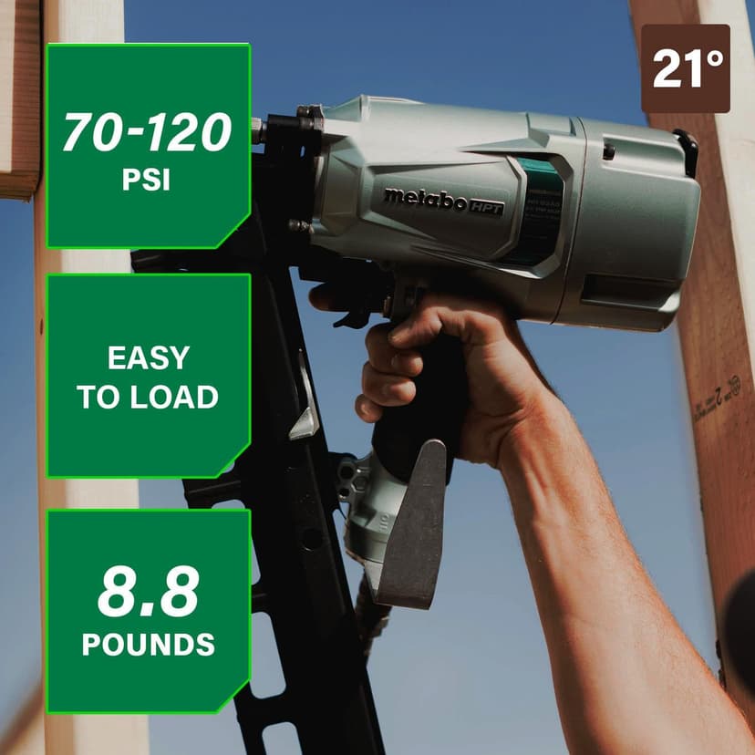 Metabo HPT Framing Nailer, Pro-Preferred Pneumatic Power Nailer & Framing Tool for Flooring, Roof Decking, Selectable Trigger & Rafter Hook, 21° 2" to 3-1/4" Plastic Collated Nails, NR83A5