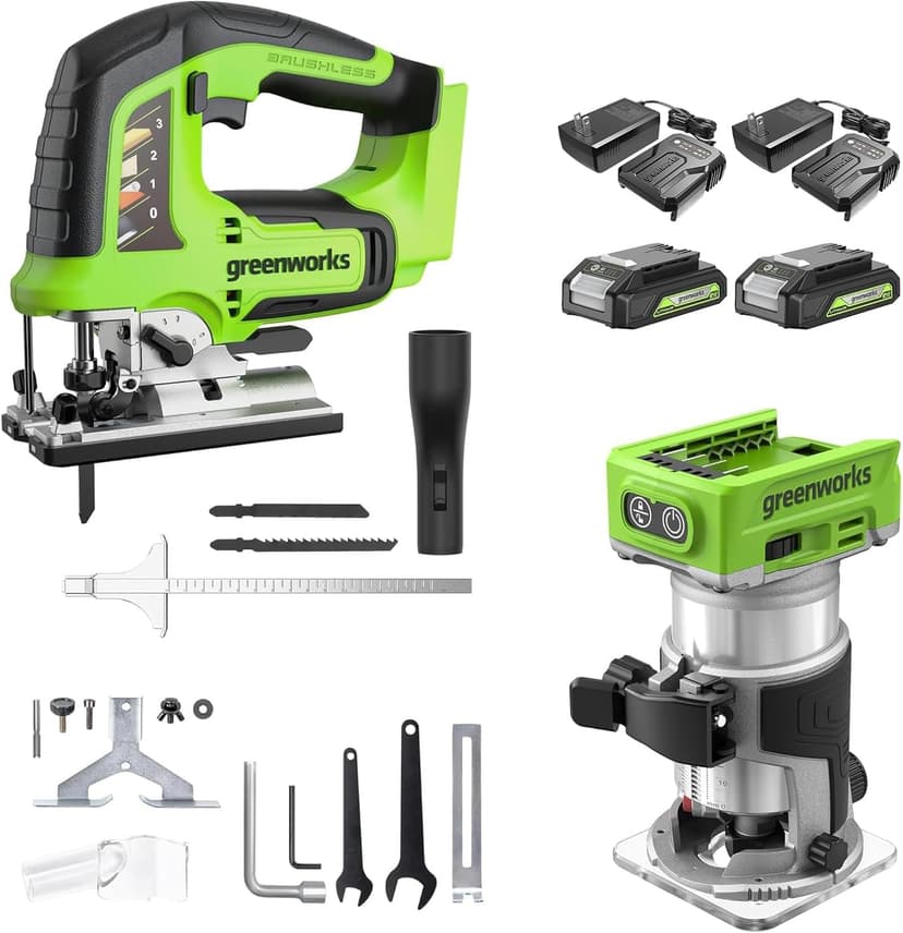 Greenworks 24V Brushless 2-Tool Combo Kit,Cordless Jig Saw+Wood Router Power Tool Sets Including Battery