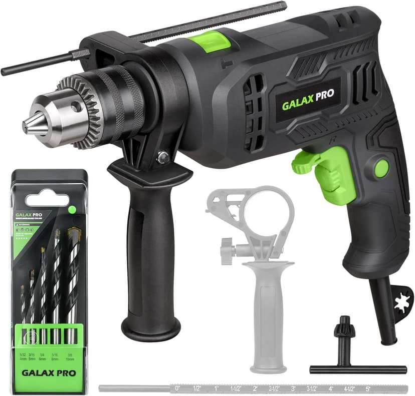 GALAX PRO 4.5Amp 0-3000RPM Corded Hammer Drill, 5pcs Bit, Hammer and Drill 2 Functions in 1 with 12 Variable Speed, 1/2 Inch Keyed Metal Chuck, 360°Rotating Handle