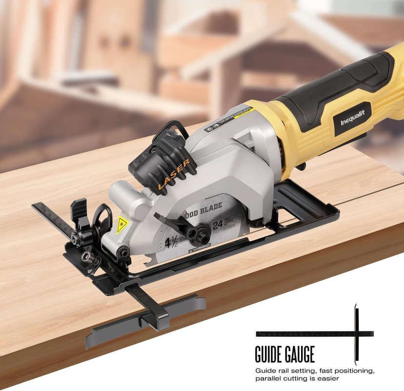 4Amp Mini Circular Saw, 3500RPM Corded Compact Saw with 4-1/2" 24T TCT Blades, Laser Guide, Rip Guide, Vacuum Adapter and Blade Wrench, Max Cutting Depth 1-11/16"(90°), 1-1/8"(45°）