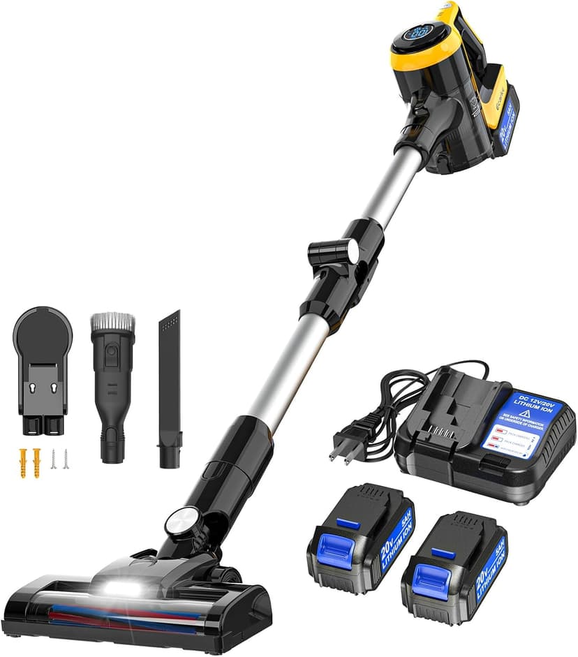 Cordless Stick Vacuum Cleaner Compatible with DeWalt Battery, 350W Brushless Motor, 30KPa Suction, 6-in-1 180° Bendable Wand, Smart Screen 2x5AH Batteries & Charger – Hardwood Floors