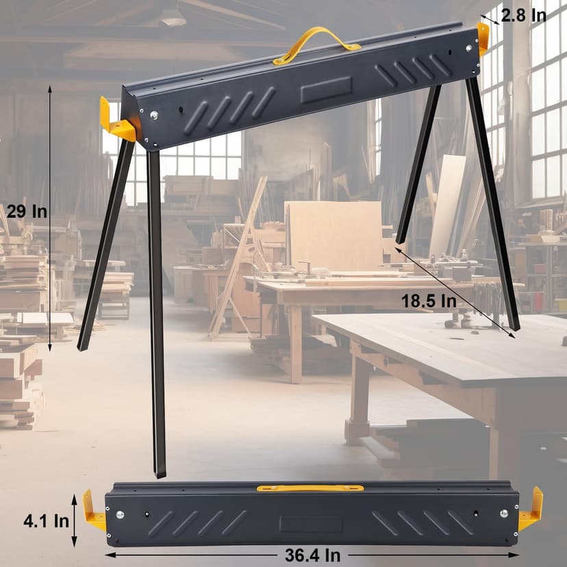 FORUP 2 Pack Heavy Duty Folding Portable Saw Horses Table, 1322 Lbs Load Capacity Metal Saw Horse with Fast Open Legs and Easy Grip Handle for Woodworking, Dark Grey & Yellow