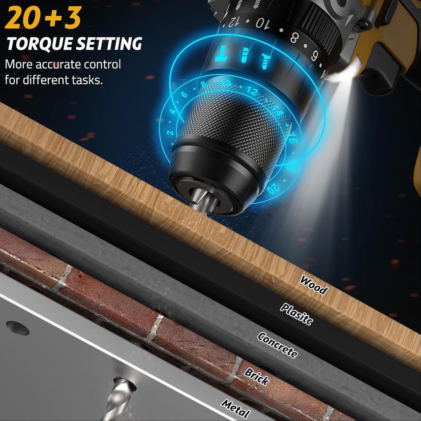 21V Cordless Hammer Drill - 1060In·lbs Brushless Drill Set with 2 x 4.0Ah Battery - 20+3 Torque Battery Drills 2150RPM Power Drills 1/2" Chuck Electric Drill for Drilling Wood Bricks Metal