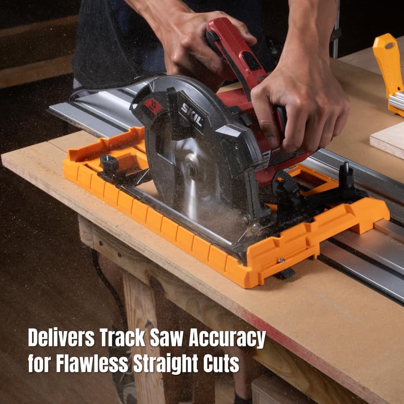 POWERTEC Universal Circular Saw Track Plate Compatible with Most Track Saw Guide Rails and Straight Edge Clamps, Tool-Free Mounting System, Adjustable Fence for Fast and Accurate Cuts (71993)
