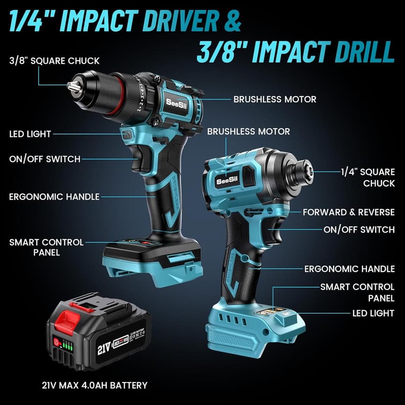 SEESII 21V Max Cordless Drill and Impact Driver, Power Tool Combo Kit Included 3/8'' Drill & 1/4'' Impact Driver, 2x 4000mAh Battery, Fast Charger, 20 pcs Driver Bit Set & Bag