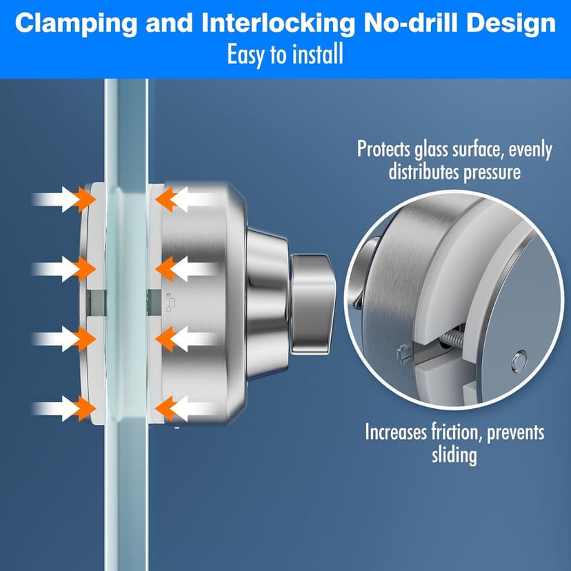 Ranbo Frameless Glass Door Floor Lock, Clamp-On No-Drill, 304 Stainless Steel, Fits 3/8"–1/2" (10–12 mm) Swing/Sliding Doors — Ideal for Office, Entrance,Storefront,Top or Bottom Mount,Brushed Nickel