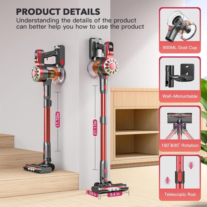 Cordless Vacuum Cleaners for Home with Powerful Suction,Stick Vacuum Cordless Rechargeable,Up to 35 Mins Runtime,Lightweight Hardwood Floor Vacuum for Pet Hair,Carpet(Red)