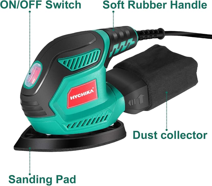 HYCHIKA Detail Sander, 14,000 OPM Compact Electric Sander Tool with 12 Pcs Sandpapers,Efficiency Dust Collection System,Suitable for Tight Spaces Sanding,Polishing,Removing Paint in Home Decoration