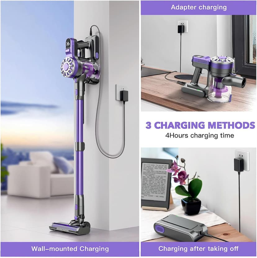 Cordless Vacuum Cleaner for Home with Powerful Suction,Lightweight Stick Vacuum Cordless Rechargeable with 35 Mins Runtime, Hardwood Floor Vacuum for Pet Hair,Carpet,Tile(Purple)
