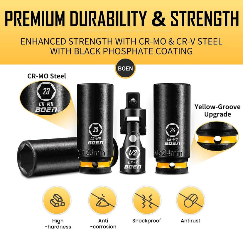 BOEN Pro 1/2" Drive Metric Deep Impact Socket Set, 21-Piece CR-MO &CR-V Steel, Upgraded Torque & Durability, 10mm-24mm, Includes Extension Bars, Universal Joint, Adapter – Meets ANSI