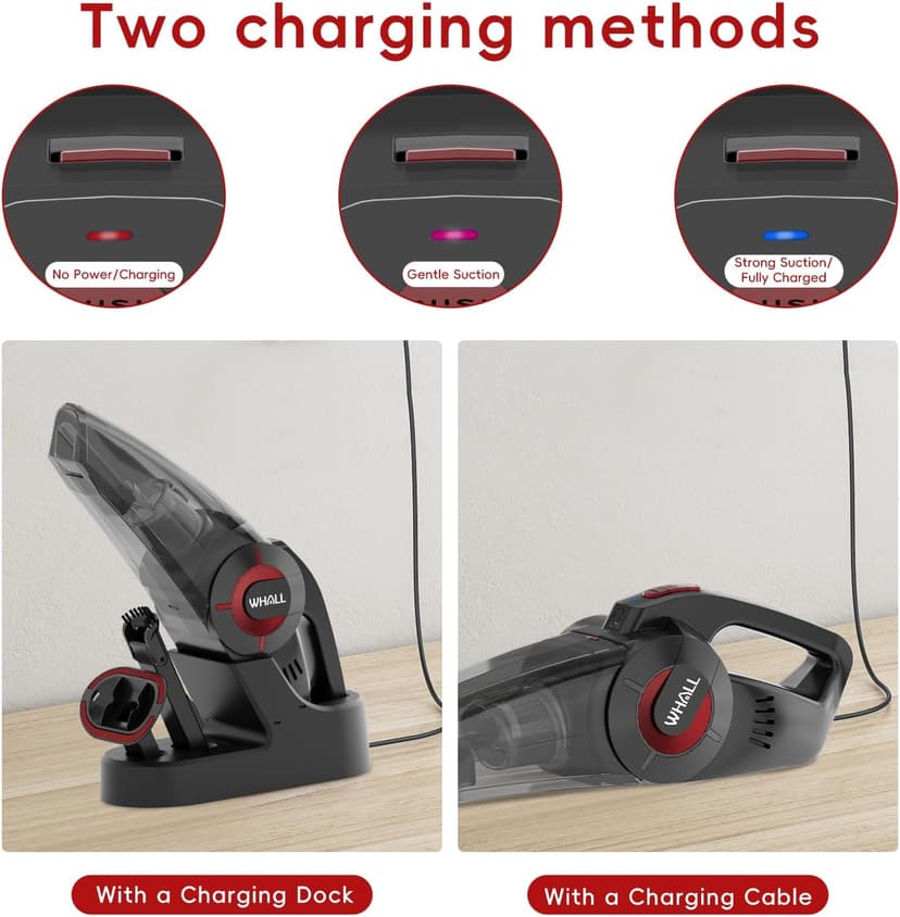 whall Handheld Cordless Car Vacuums, Wet and Dry Use 9000Pa Strong Suction Vacuums, Rechargeable Portable Vacuum Cleaner with LED, Charging Dock, Lightweight Mini Vacuum for Car, Home and Office, Red