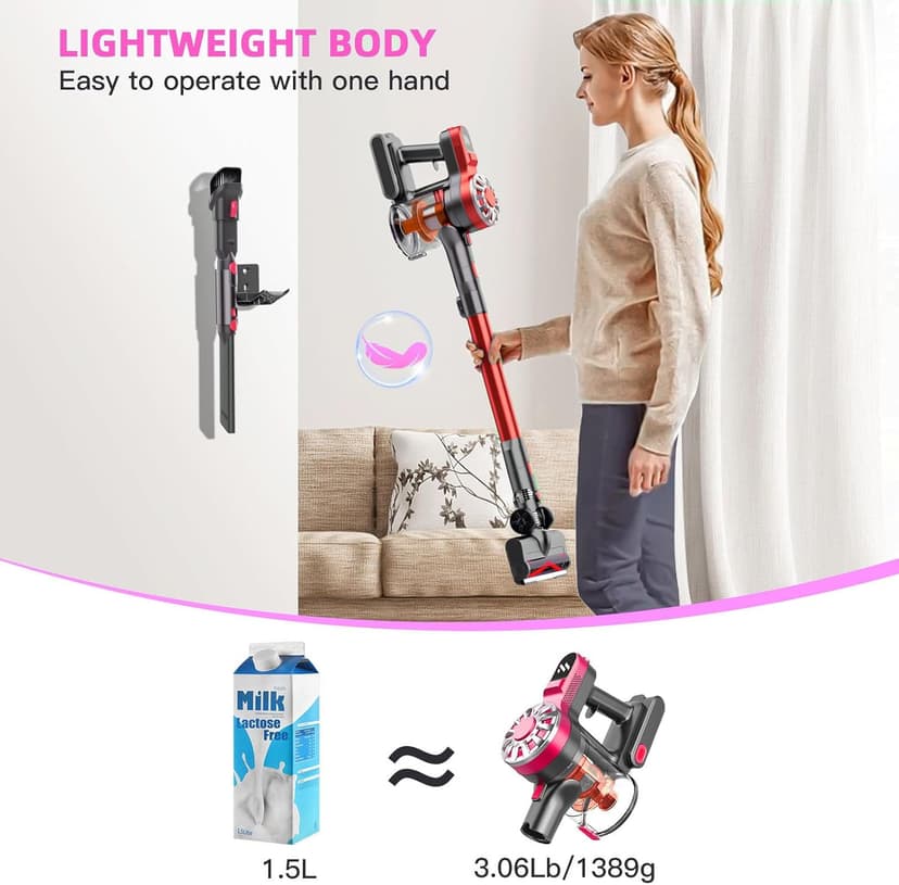 Cordless Vacuum Cleaner,Vacuum Cleaners for Home with Super Suction,Stick Vacuum Cleaner Rechargeable Up to 35 Mins Runtime,Lightweight Hardwood Floor Vacuum for Pet Hair,Carpet(Red)