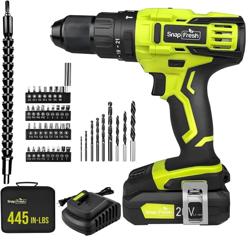 SnapFresh 20V Cordless Impact Drill-1/2" Power Drill/Driver Set,445in-lbs Torque Max,2 Variable Speeds, 43Pcs Bits w/case,2.0Ah Battery & Fast Charger Included, Power Tools