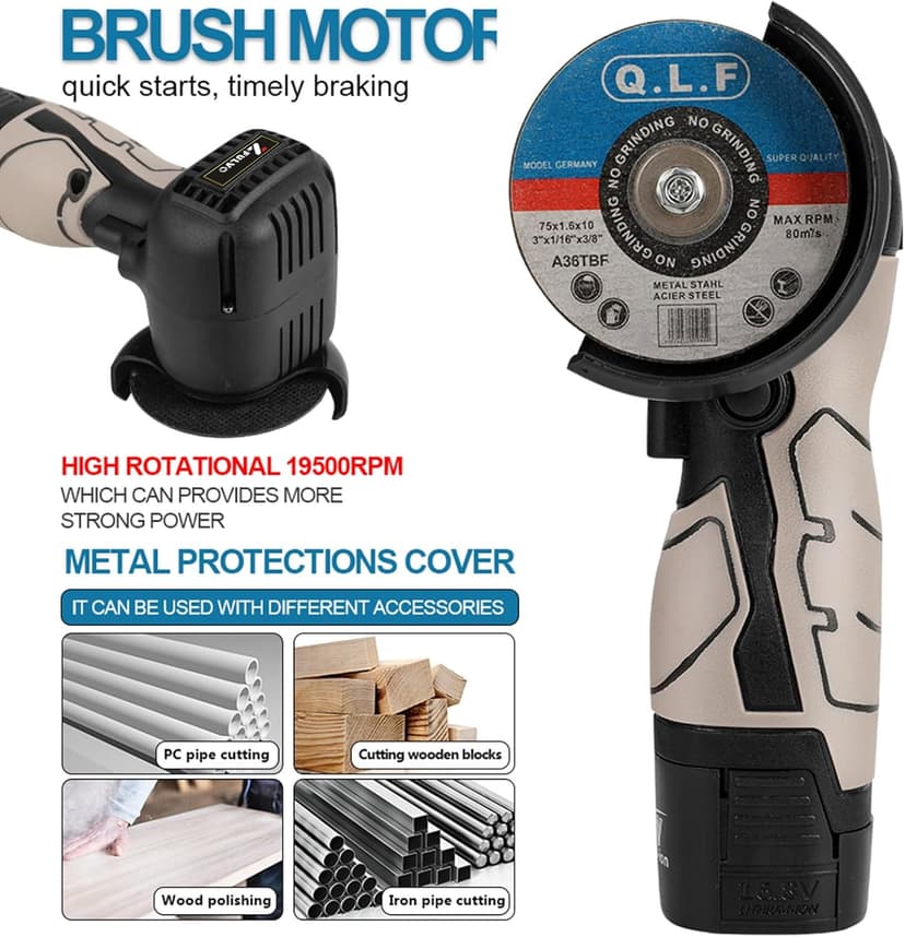 Cordless Brush Angle Grinder Kit, 19500rpm Mini Electric Angle Grinding Tool with 2pcs 16.8V 2000mAh Batteries and 5-Cutting Discs, Grinder Handheld Cutter for Metal Wood