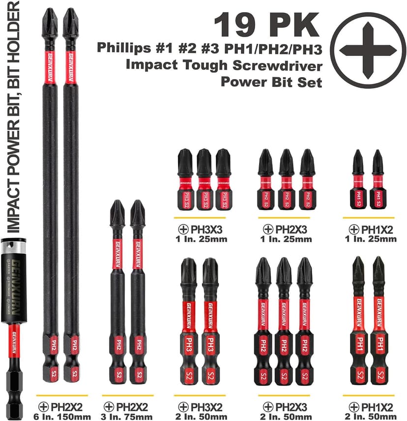 Impact Tough Phillips Bits PH1/PH2/PH3 Insert Driver Bits,19Pack Bulk Phillips Screwdriver Bits Set with 1Pcs Impact Bit Holder
