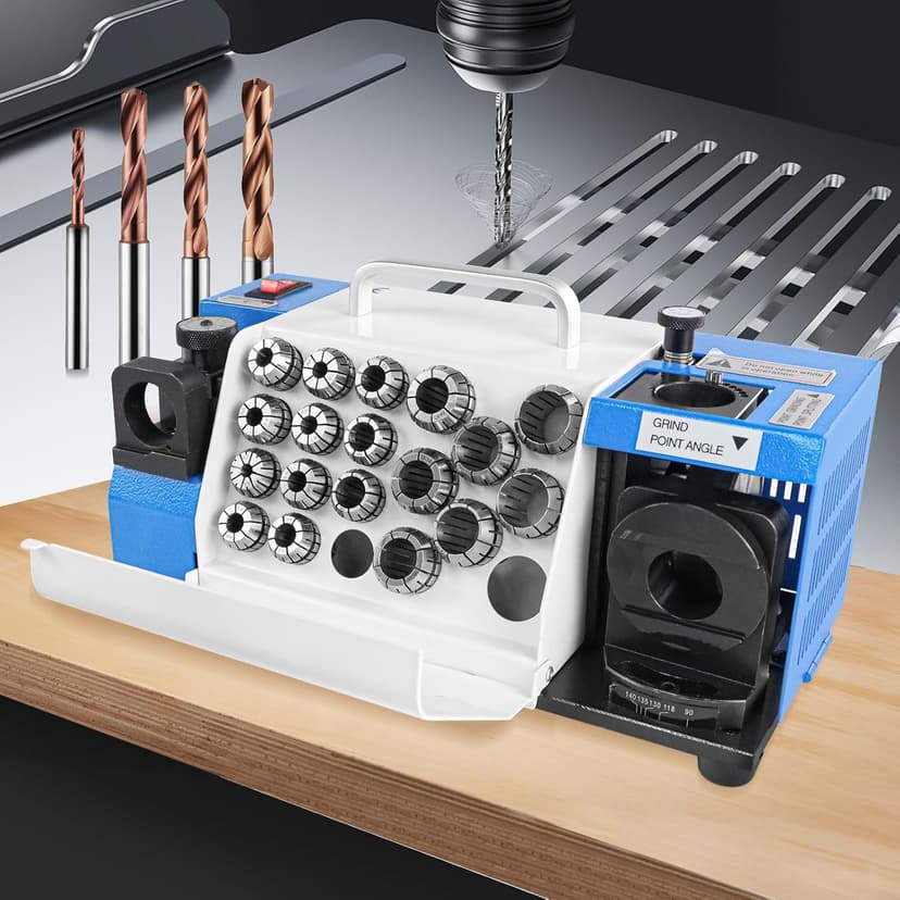 Drill Bits Sharpener, 3-20mm Drill Bit Grinding Machine, Lip Relief Angle & 95°-135° Point Angle Adjustable Drill Bit Re-Sharpener, Portable Bits Sharpening Machine with 18 Collets, CBN & SDC Wheel