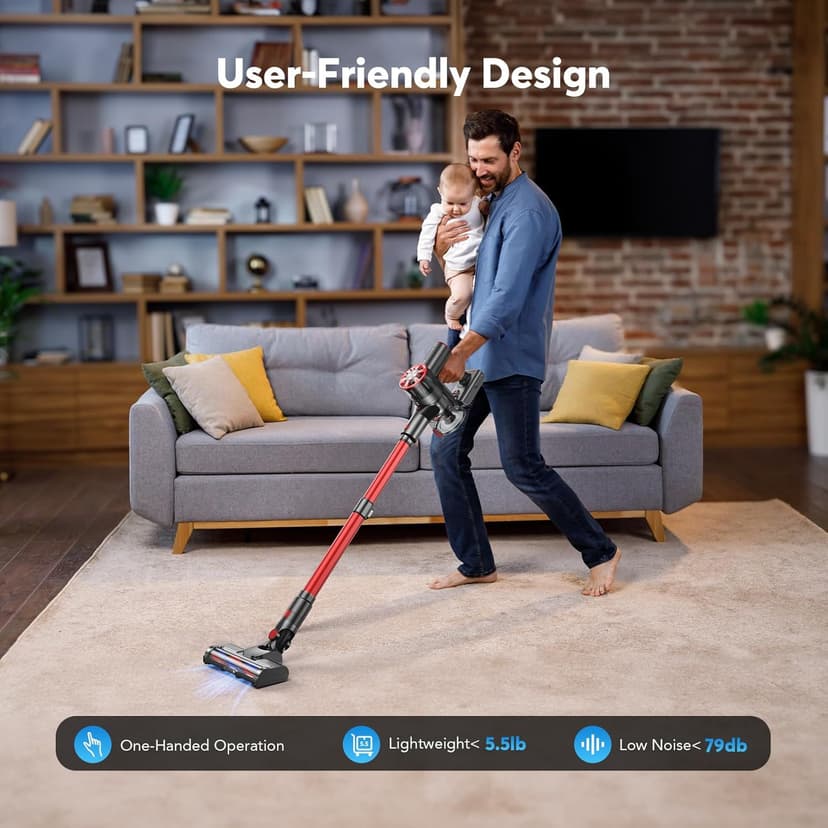 Cordless Vacuum Cleaner Rechargeable with 2600mAh Detachable Battery, Powerful Vacuums with 2 Adjustable Modes, Lightweight Portable Stick Vacuum for Home (Red Black)