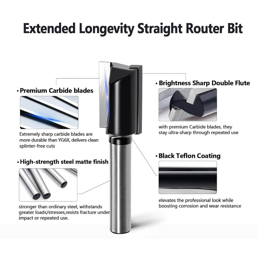 6Pcs Straight Router Bit Set 1/4 Shank, Double Flute Straight Bit Dado Straight Cut Router Bit, Cut Dia 3/4", 5/8", 1/2", 3/8", 5/16", 1/4", Straight Router Bit for Woodworking Groove by SICWOOD