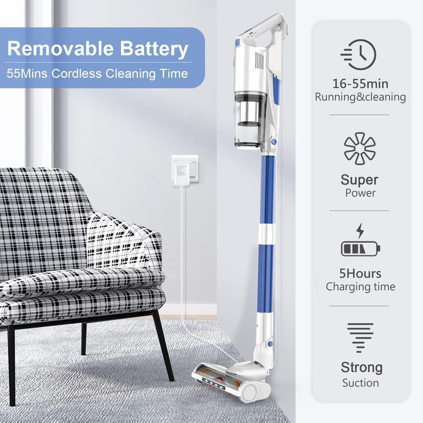 whall Cordless Vacuum Cleaner, Upgraded Strong Suction Brushless Motor Cordless Stick Vacuum Cleaner,Lightweight Handheld Vacuum for Home Pet Hair Carpet Hard Floor,up to 55mins Runtime,White