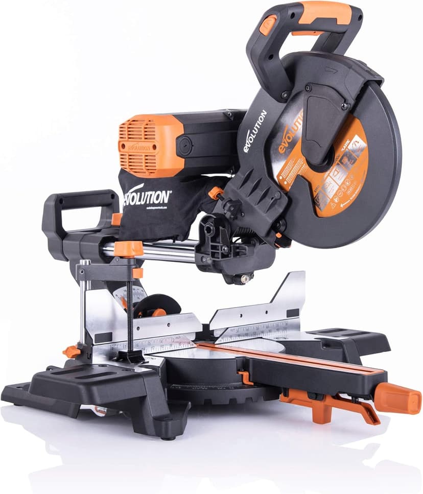 Evolution Power Tools R255SMS-DB+ 10-Inch Dual Bevel Sliding Miter Saw Multi-Material, Multipurpose Cutting Cuts Metal, Plastic, Wood 45˚-45˚ Double Bevel & 50˚-50˚ Miter TCT Blade Included