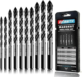 10-Piece Masonry Drill Bit Set for Concrete Tile Glass Ceramic Brick,1/8 to 1/2 Inch Drilling Bits with Triangle Handle,Tungsten Steel Alloy Tip.（Black）