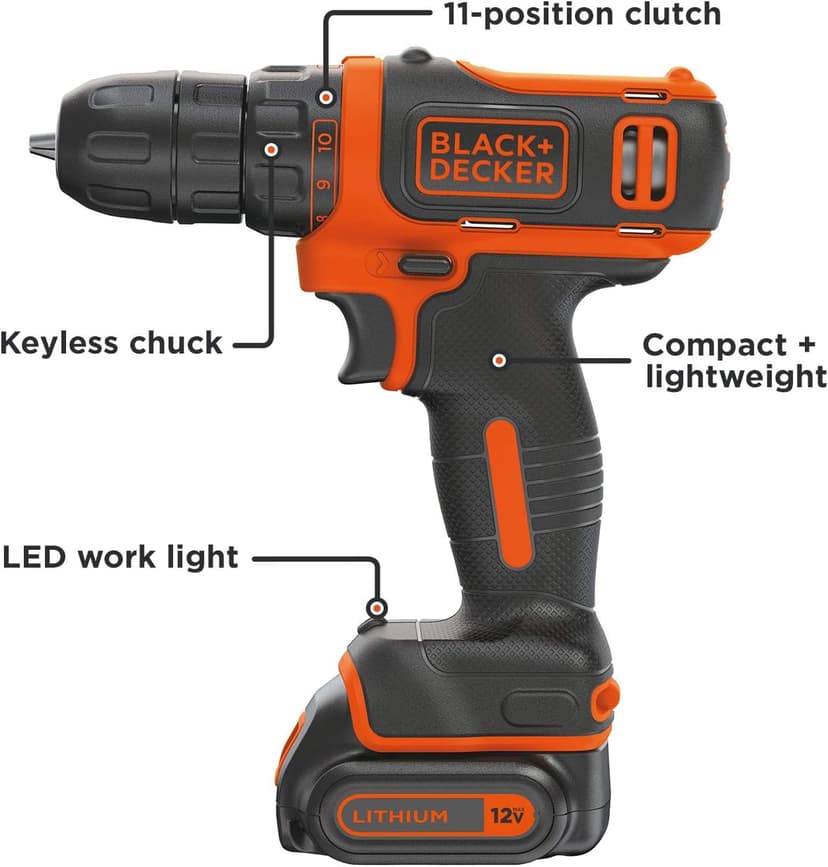 BLACK+DECKER 12V MAX Cordless Drill/Driver, Battery and Charger Included (BDCDD12C)