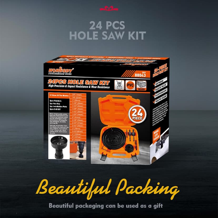 HORUSDY Hole Saw Set 24PCS Hole Saw Kit,Hole Saw Drill Bit Kit, 3/4"-6" (19-152mm) 17PCS Saw Blades, 2 Mandrels, 3 Drill Bit, Installation Plate, Hex Key, For Drywall, Soft Wood, Plywood, Plastic, PVC